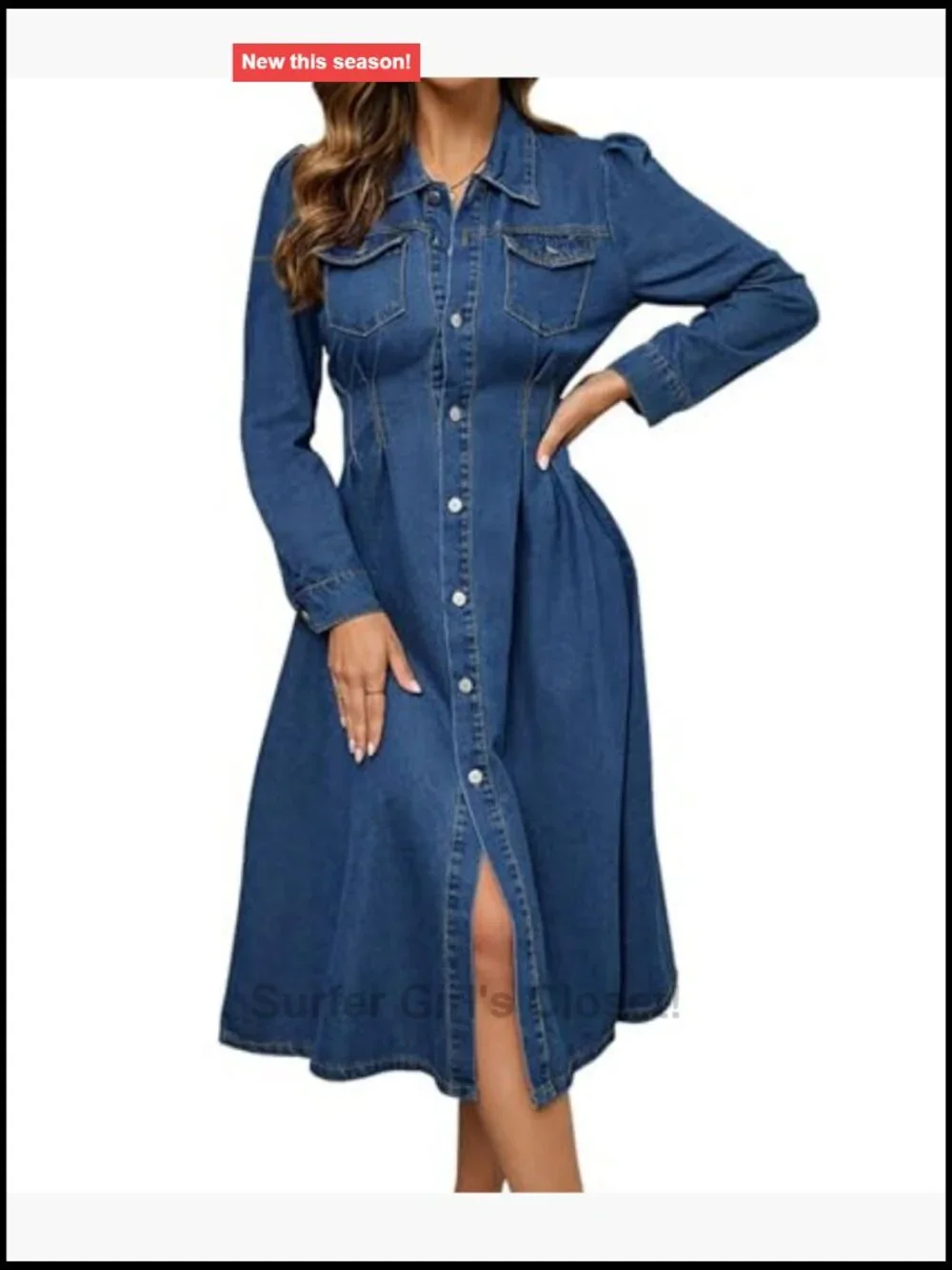 Women's Long Sleeve Denim Dress Ruched High Waist Button Down Jean Dress with
